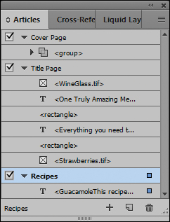 A screenshot shows the "Articles panel" with option "Recipes" selected.