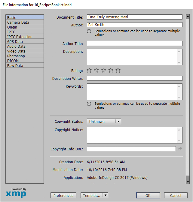 A screenshot shows the "File Information" dialog box with "One Truly Amazing Meal" shown in a textbox labeled "Document Title" and "Pat Smith" shown in a textbox labeled "Author."