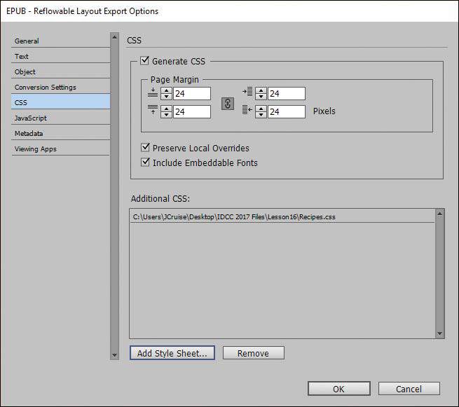 A screenshot shows the "EPUB  Reflowable Layout Export Options" dialog box.