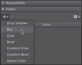 The Filter menu shows the following options: Blur (selected), Glow, Bevel, Gradient Glow, Gradient Bevel, Adjust Color.
