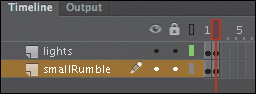 There are now keyframes at frame 2 for both lights and smallRumble layers in the Timeline.