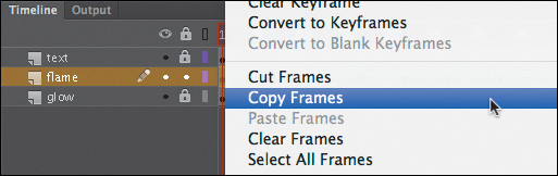 Highlighted layer "flame" lists the following options at keyframe 1 to 5: Clear Keyframe, Convert to Keyframes, Convert to Blank Keyframes, Cut Frames, Copy Frames, Paste Frames, Clear Frames, Select All Frames. A pointer points to and highlights Copy Frames.