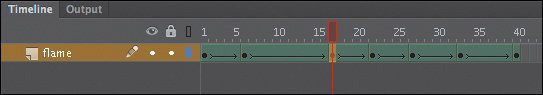 Playhead is placed on the third frame in the "flame" layer at "frame 16" in the Timeline panel.