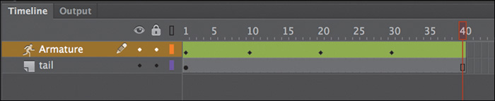 Timeline panel shows the following frames on layer "Armature": 1, 10, 20, 30. The playhead is at "frame 40."