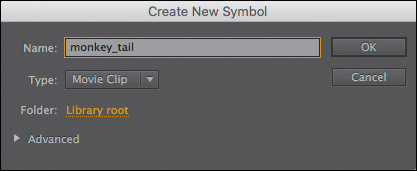 Create New Symbol dialog box lists the following attributes: Name: monkey_tail, Type: Movie Clip, Folder: Library root, Advanced settings.