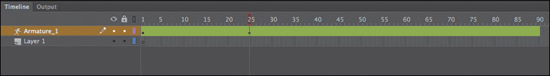 Two frames are placed at "frame 1" and " frame 25" in the layer "Armature." "frame 1" to "frame 90" is highlighted.