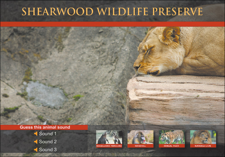 A screenshot shows an application window with heading at the top as "Shearwood Wildlife Preserve." It shows a photo of a lion sleeping on a rock. It also shows various sound tracks and video clips at the bottom.