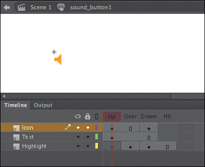 A screenshot shows the "Timeline panel" with "Icon" layer selected and a sound icon being clicked.