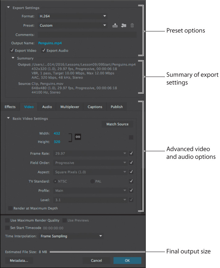 An annotated screenshot shows the "Export Settings" dialog box.