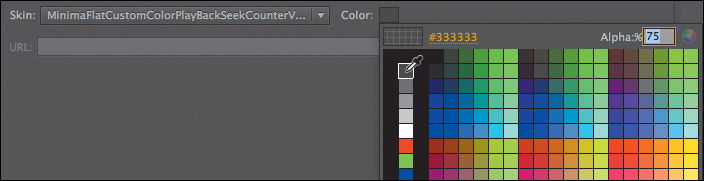 A screenshot shows the "Import Video wizard" with the Color box for the "MinimaFlatCustomColorPlayBackSeekCounterVolMute.swf" displaying various color options.