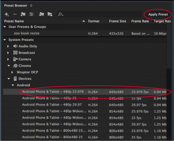 A screenshot shows the "Preset Browser panel" with Apply Preset at the upper-right corner and a file from the list at the bottom highlighted.