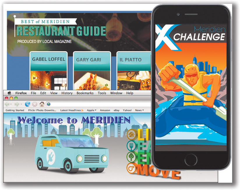 A screenshot shows the "Restaurant Guide" poster and animated banner for the city of Meridien on a desktop along with the "Meridien X challenge" game poster on a mobile phone.