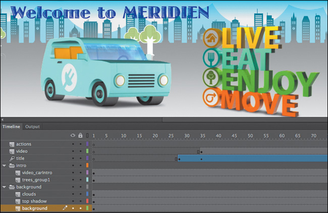 A screenshot shows the animated banner for the fictional city of Meridien.