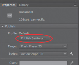 A screenshot shows Document Properties tab where "Publish Settings" button is circled under Default profile in the Publish section.