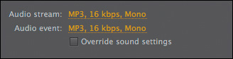 A screenshot shows the following options selected for Audio Settings: Audio Stream: MP3, 16 kbps, Mono Audio Event: MP3, 16 kbps, Mono
