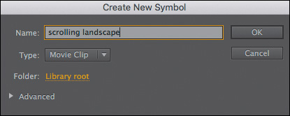 A screenshot shows "scrolling landscape" entered in Name field, and "Movie Clip" option selected in Type menu of "Create New Symbol" dialog box.