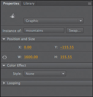 A screenshot shows the X and Y coordinates for the position of a graphic symbol in the Properties panel.