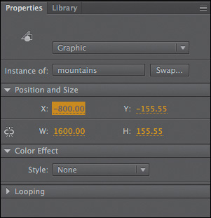 A screenshot shows the X and Y coordinates for the position of mountains graphic symbol in the Properties panel.