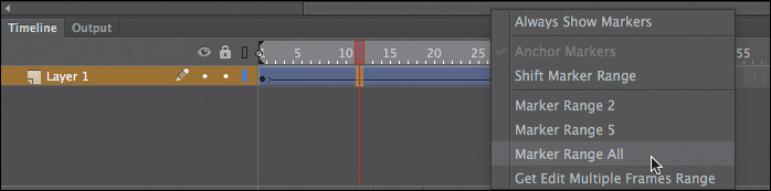 A screenshot shows the "Modify Markers menu" options displayed to playback the Timeline tween in a loop.