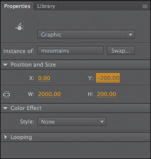 A screenshot shows the position and size options selected for the second instance of mountains graphic symbol in the Properties panel.