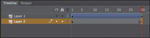 A screenshot shows a new keyframe inserted at frame 30 in Layer 2 of the movie-clip symbol.