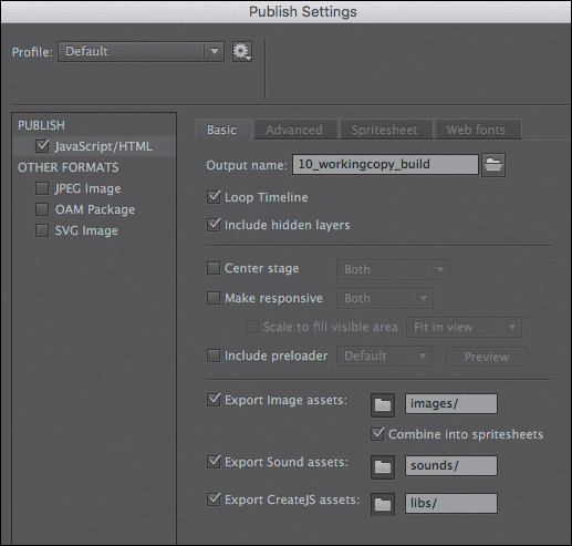 A screenshot shows the Publish Settings dialog box in the Properties panel.