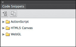 A screenshot shows three folders displayed in the Code Snippets panel as follows: ActionScript HTML5 Canvas WebGL
