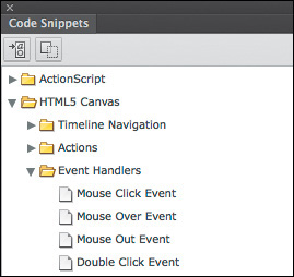 A screenshot shows the following four events under HTML5 Canvas > Event Handlers: Mouse Click Event Mouse Over Event Mouse Out Event Double Click Event