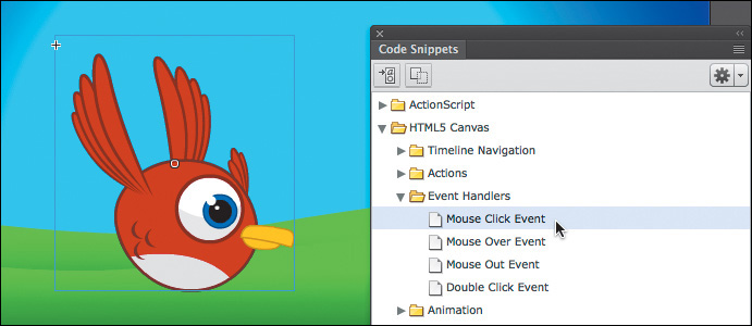 A screenshot shows the animation image of the bird movie clip, next to the Code Snippets panel where "Mouse Click Event" is selected under HTML5 Canvas > Event Handlers.