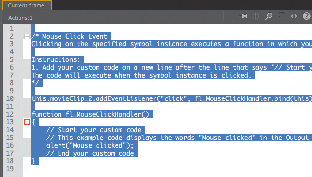 A screenshot shows the JavaScript code added in the Actions panel.
