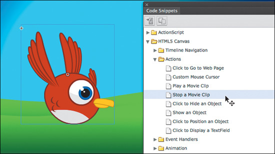A screenshot shows the animation image of the bird movie clip, next to the Code Snippets panel where "Stop a Movie Clip" option is selected under HTML5 Canvas > Actions.