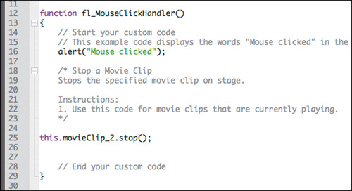 A screenshot shows the code to stop the movie inserted inside the MouseClickHandler function in the Actions panel.
