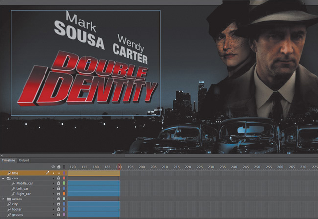 A screenshot shows the animation project of the fictional movie "Double Identity" along with the timeline and various layers.