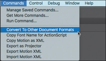 A screenshot shows the Commands menu where "Convert to Other Document Formats" option is selected.
