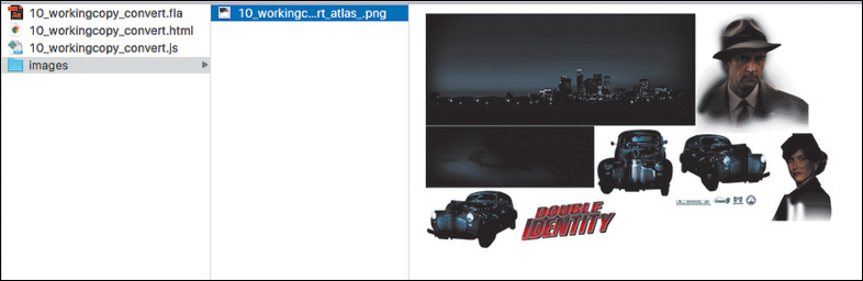 A screenshot shows the images folder where the individual bitmap assets of the animation are saved as a single png image.