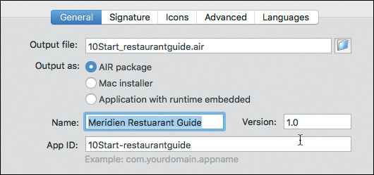 A screenshot shows "Meridian Restaurant Guide" entered in the Name field of General tab of AIR Settings dialog box.
