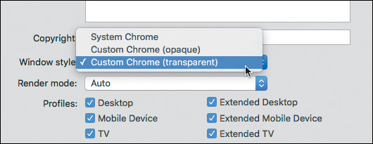 A screenshot shows "Custom Chrome (Transparent)" selected from the Windows Style menu in General tab of AIR Settings dialog box. The other two options displayed in the menu are "System Chrome" and "Custom Chrome (opaque)".