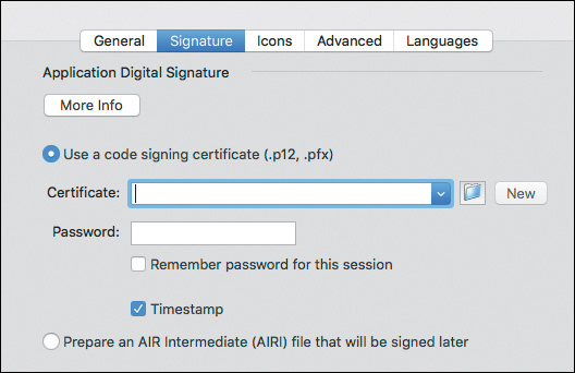 A screenshot shows the contents of the Signature tab in AIR Settings dialog box.