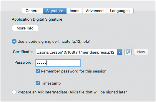 A screenshot shows the fields automatically filled up in the Signature tab of AIR Settings dialog box.