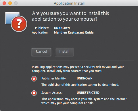 A screenshot shows the Application install dialog box displayed when the user clicks on the AIR installer.