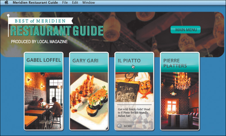 A screenshot shows the opening page of the "Meridien Restaurant guide" application.