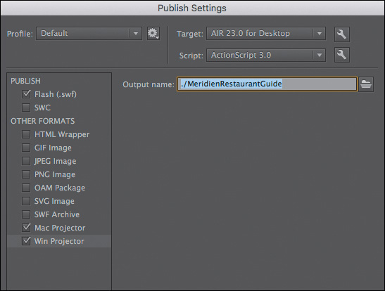 A screenshot shows the "Publish Settings" dialog box in which "Mac Projector" and "Win Projector" options are selected under Other formats in the left panel.