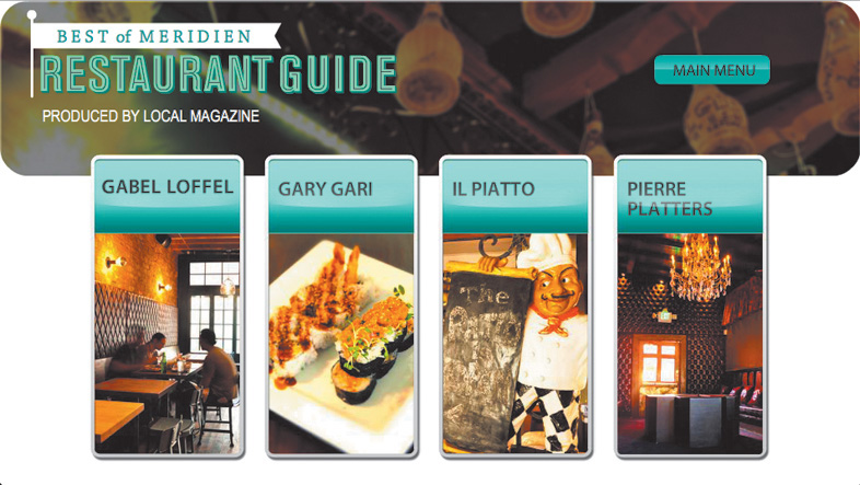A screenshot shows the "Meridien Restaurant Guide" application open as a separate file on the Desktop. The application displays the "Main Menu" button on top of the background image. Four thumbnail boxes display the various options available.