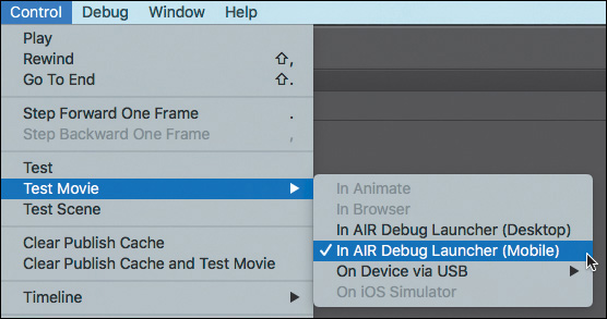 A screenshot shows the option "In AIR Debug Launcher (Mobile)" option selected under the menu option, "Control > Test Movie".