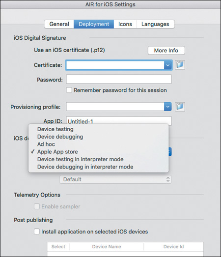 A screenshot shows the Deployment selections and entries in the AIR for iOS Settings dialog box.