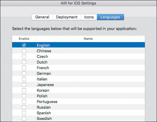 A screenshot shows the Language options available in the AIR for iOS Settings dialog box.