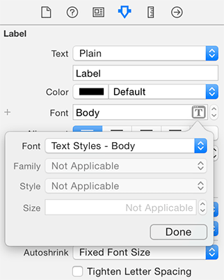 Screenshot of the Label attribute inspector overlapped by the font pop-up menu.