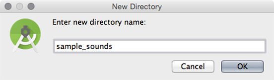 Screenshot shows New Directory window. Enter new directory name field reads, sample_sounds. The Cancel and OK (selected) buttons are placed below.