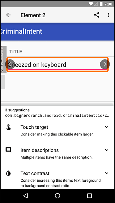 Screenshot shows CriminalIntent app screen in Android. The title reads, Sneezed on the keyboard. 3 suggestions are placed below. The title is highlighted.