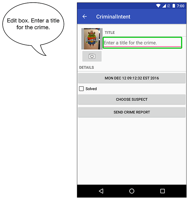 Screenshot shows CriminalIntent app screen in Android.